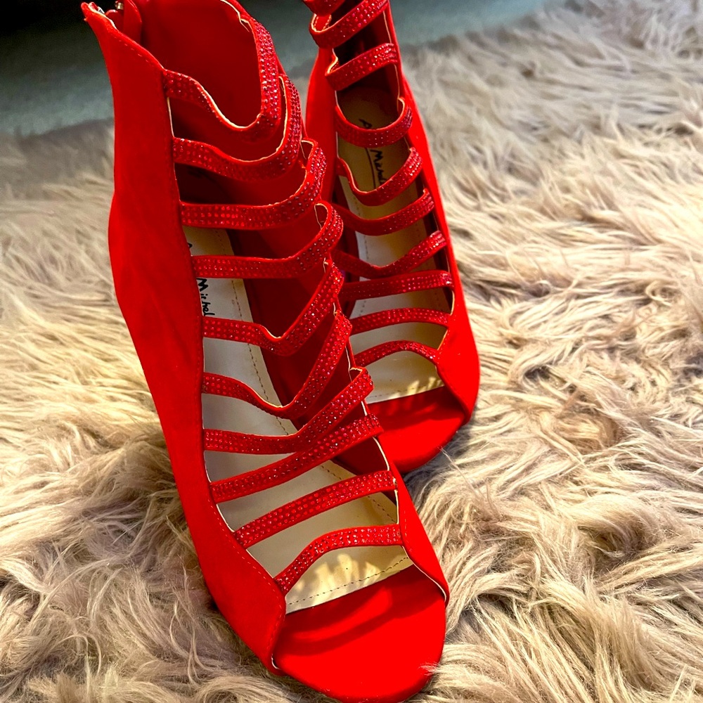 NEVER WORN Red Sparkle Strap Heels